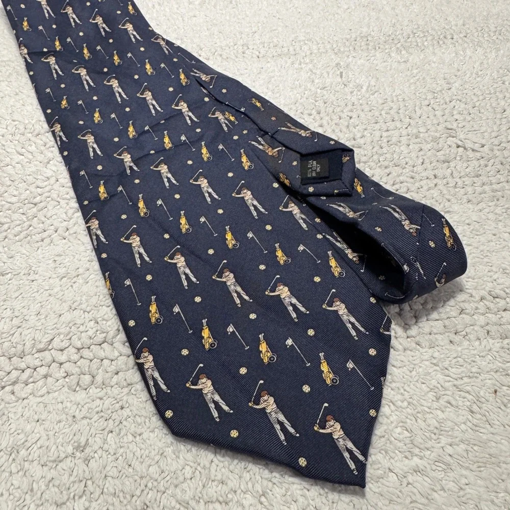 VTG Pura Seta Tie Blue Golf Golfer Print 100% Pure Silk Italy Novelty Necktie